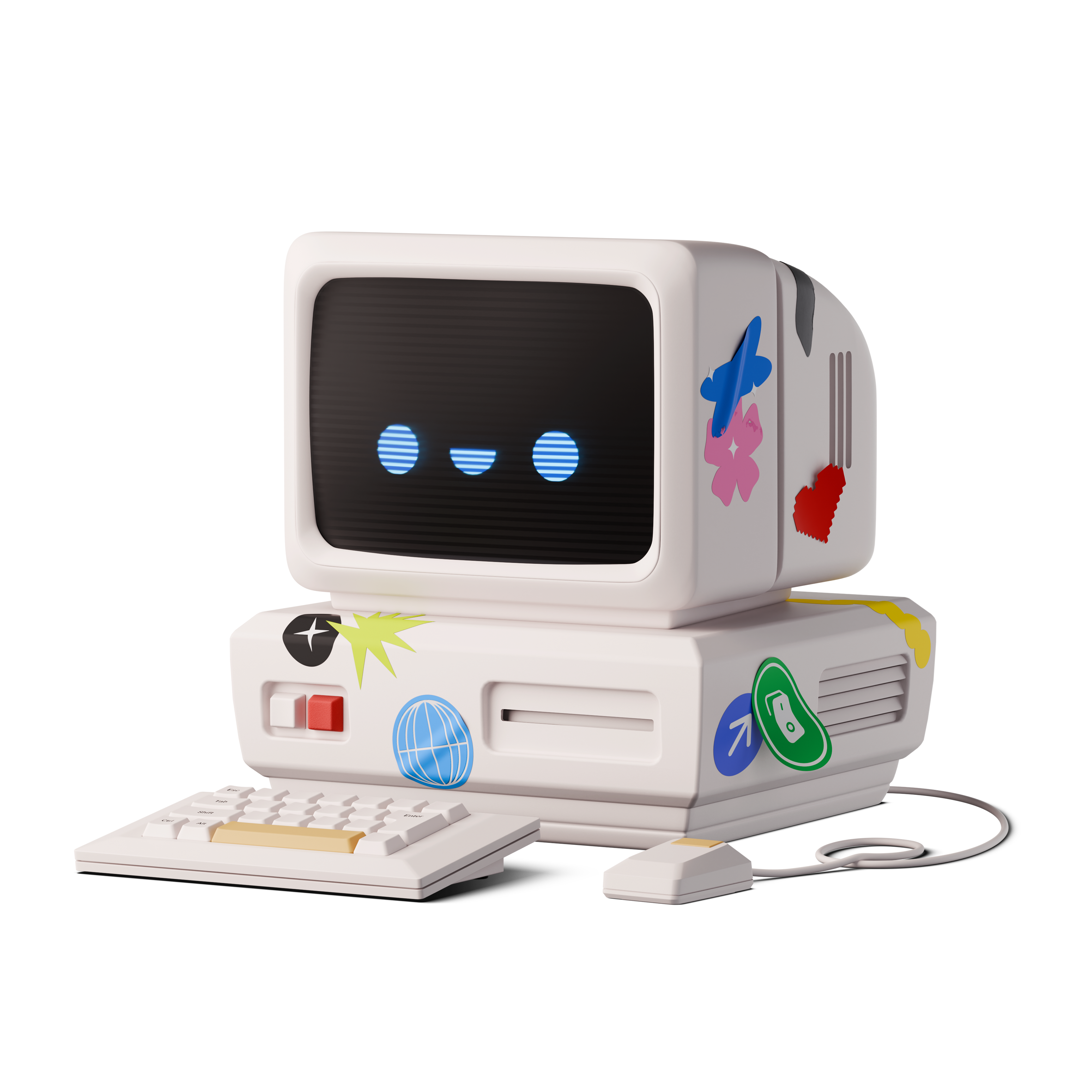 Retro computer with a face and stickers
